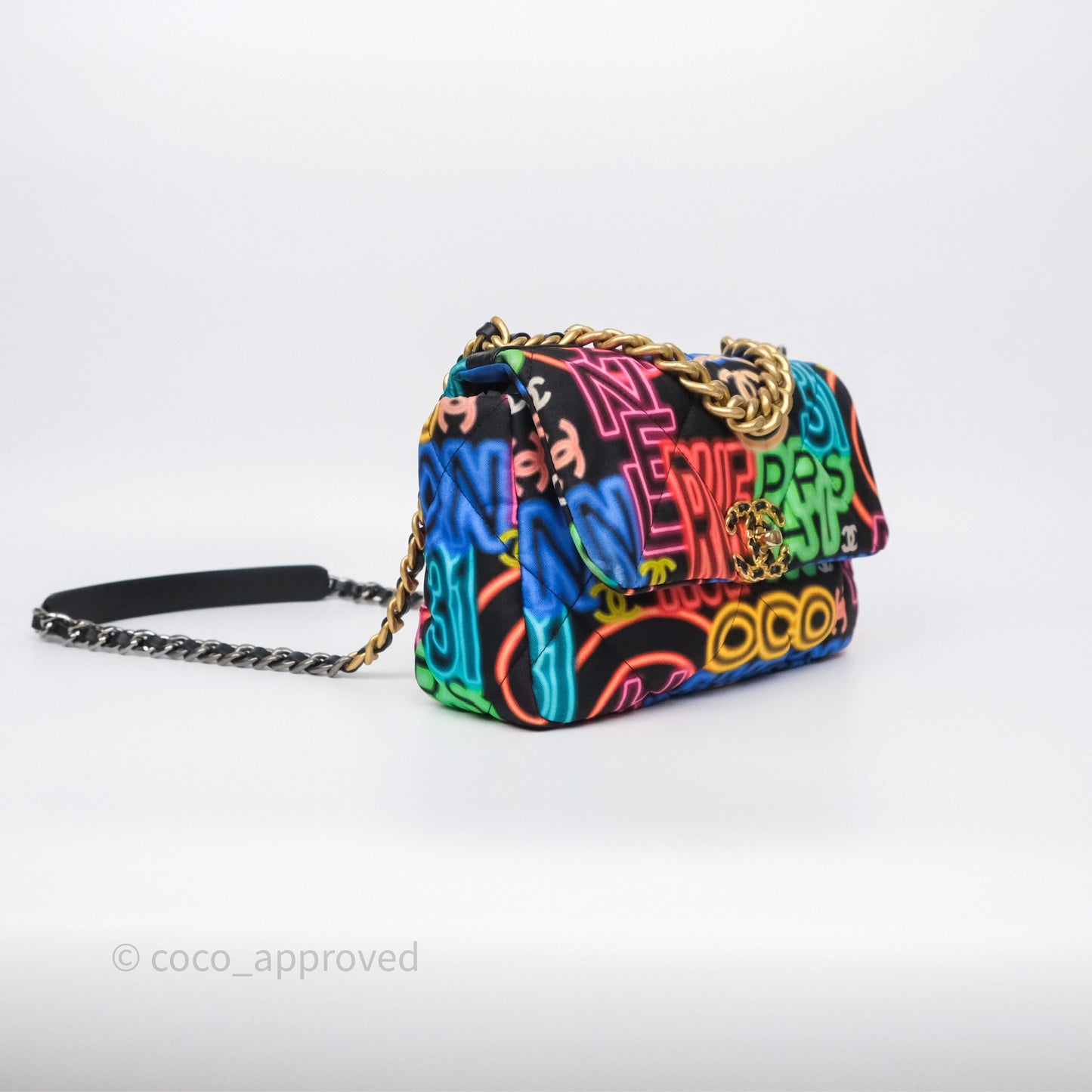 Chanel 19 Small Black Multicolor Fabric Printed Mixed Hardware
