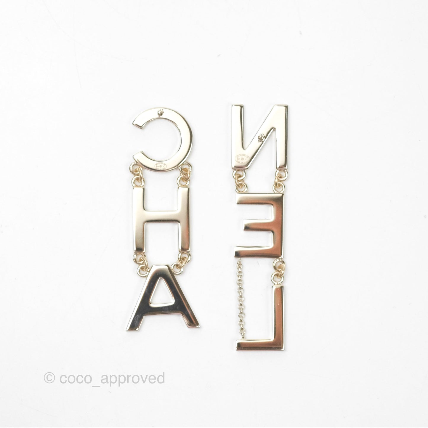 Chanel Letter Cha-Nel Logo Drop Earrings Gold Tone 21V