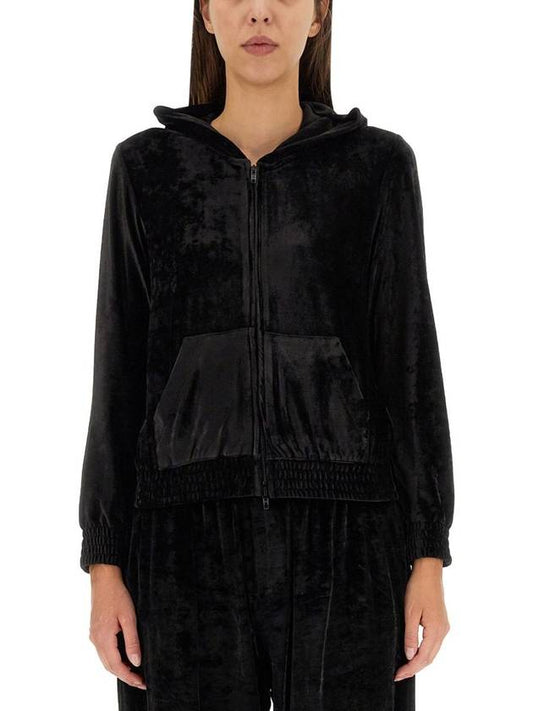 Luxury Balenciaga Women's BB Paris Strass Velvet  Zip-Up Hoodie Black