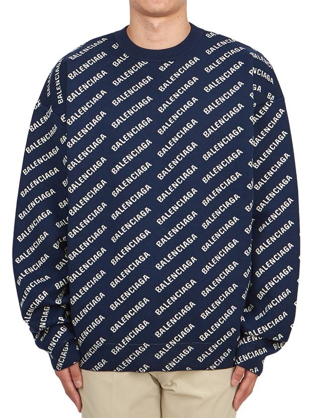 Luxury Balenciaga Allover Logo Crew Sweatshirt Navy
