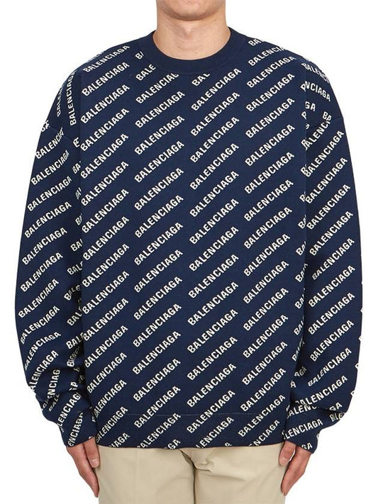 Luxury Balenciaga Allover Logo Crew Sweatshirt Navy