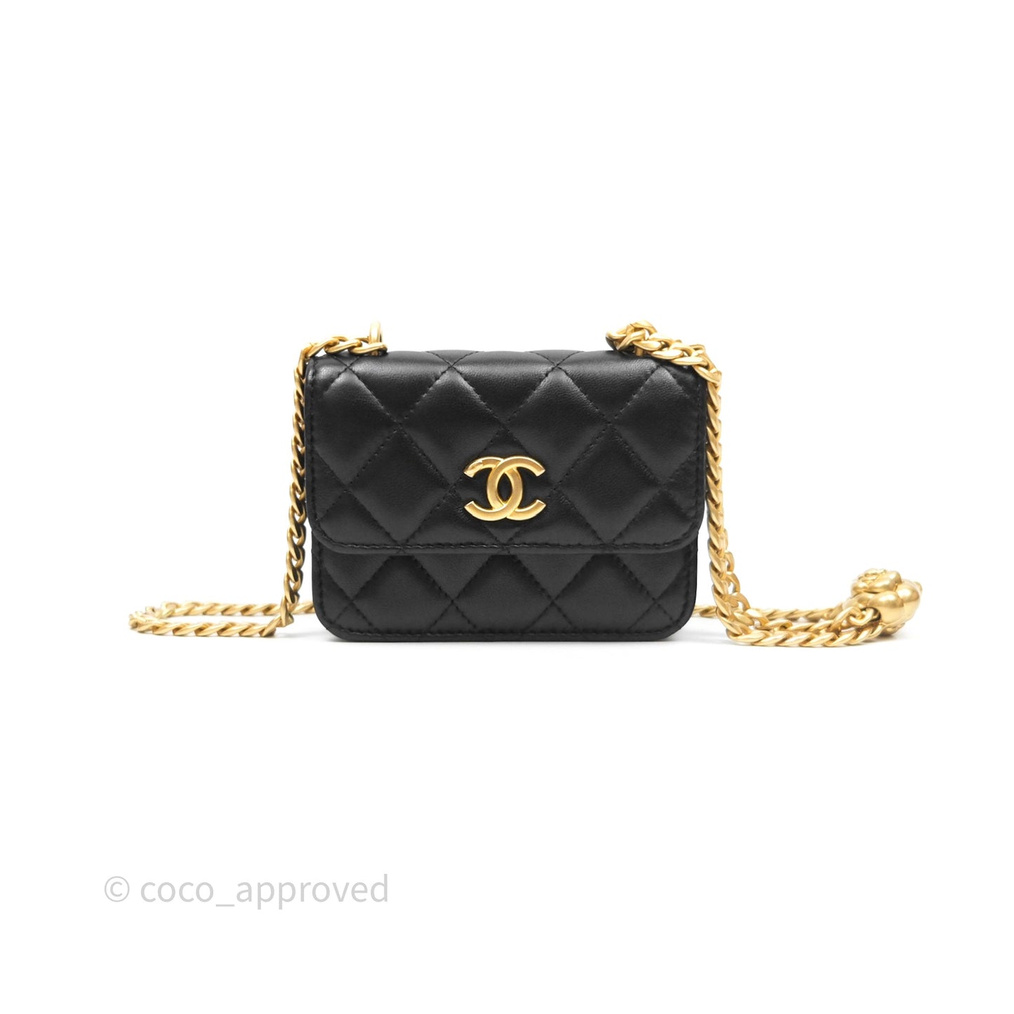 Chanel Mini Clutch With Chain Camellia Adjustable Black Lambskin Aged Gold Hardware