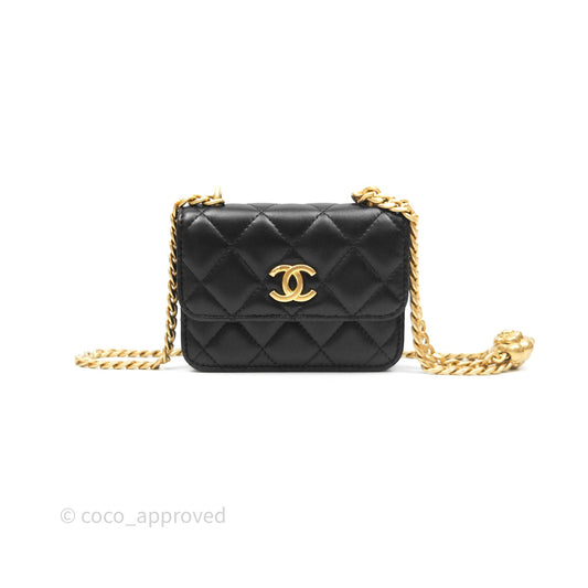 Chanel Mini Clutch With Chain Camellia Adjustable Black Lambskin Aged Gold Hardware