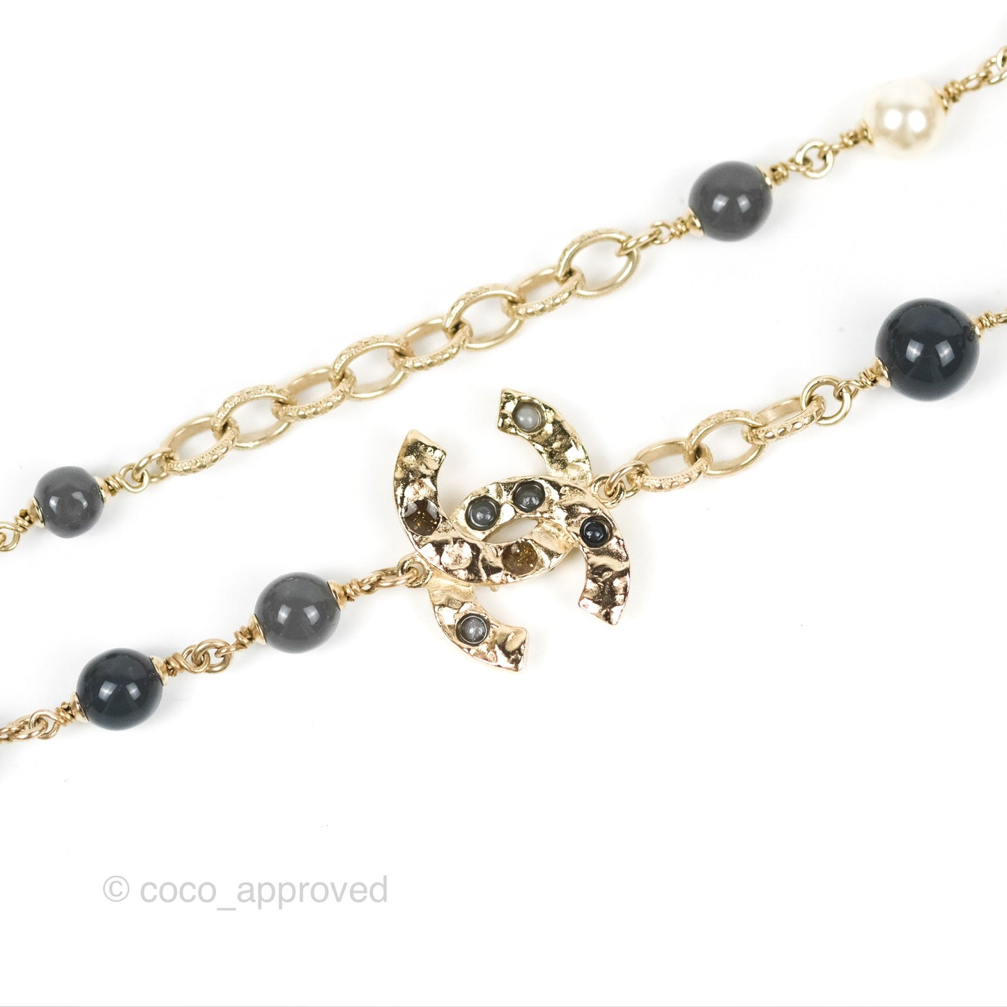 Chanel CC Pearl Gemstone Chain Long Necklace Gold Tone 16A