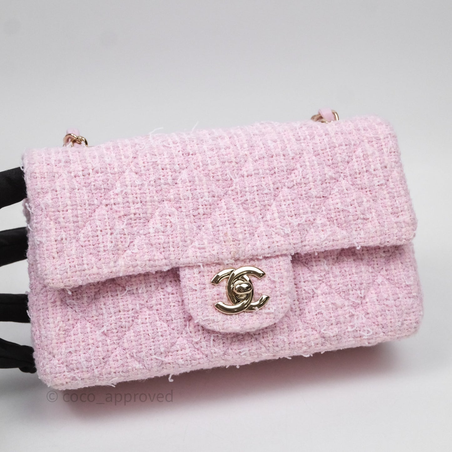 Chanel Classic Mini Rectangular Flap Pink Tweed Gold Hardware