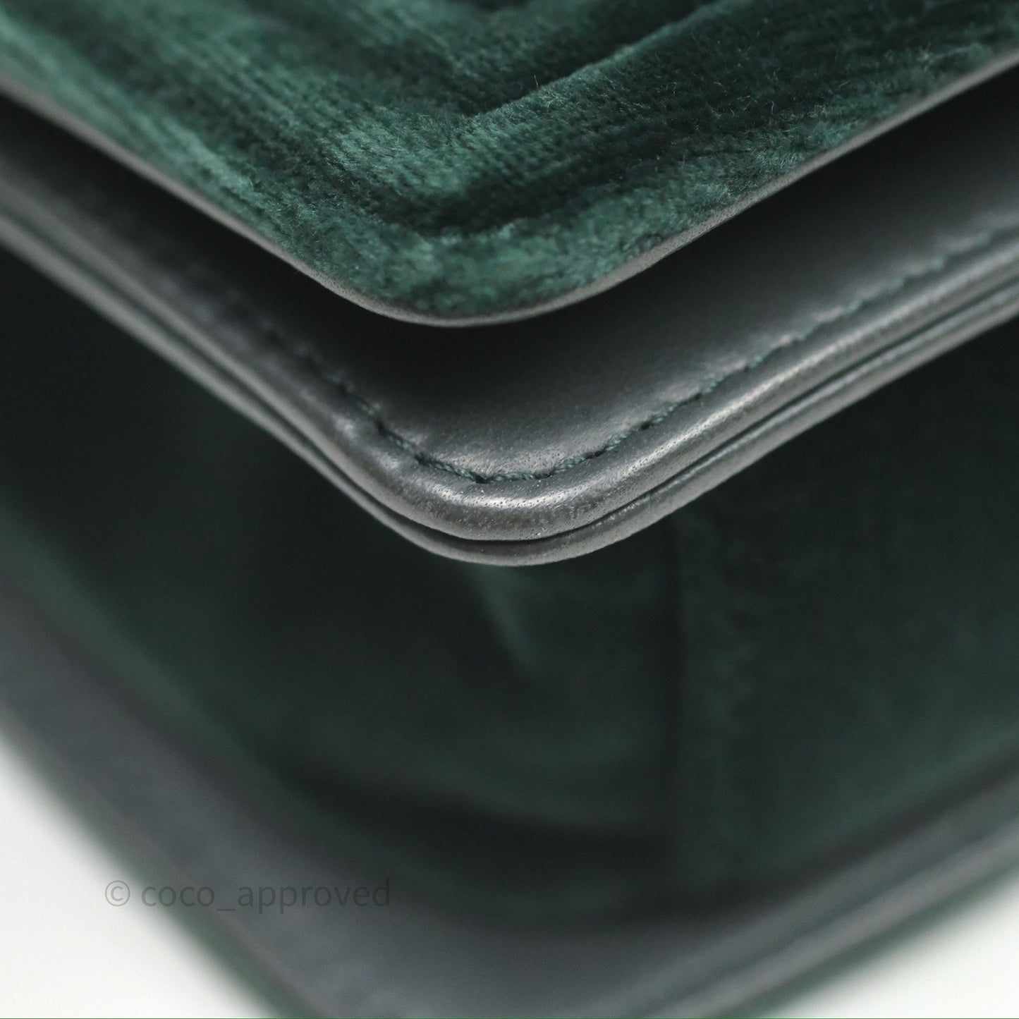 Chanel Small Boy Quilted Dark Green Velvet Ruthenium Hardware