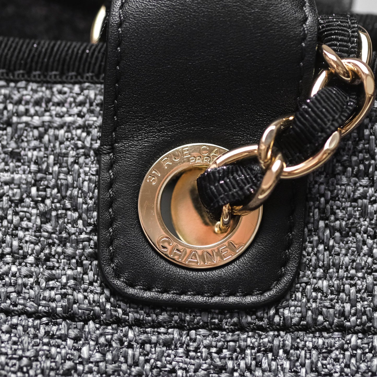 Chanel Large Deauville Glitter Black Grey Raffia Gold Hardware