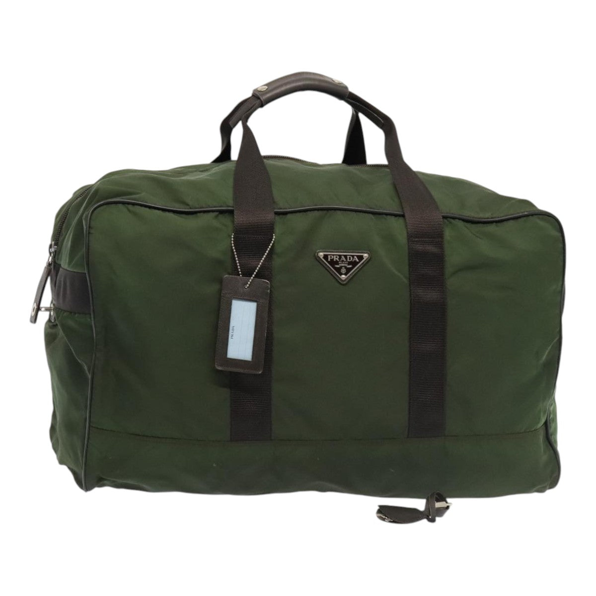 Luxury Prada Boston Bag Nylon Khaki Dark Brown Silver  93216