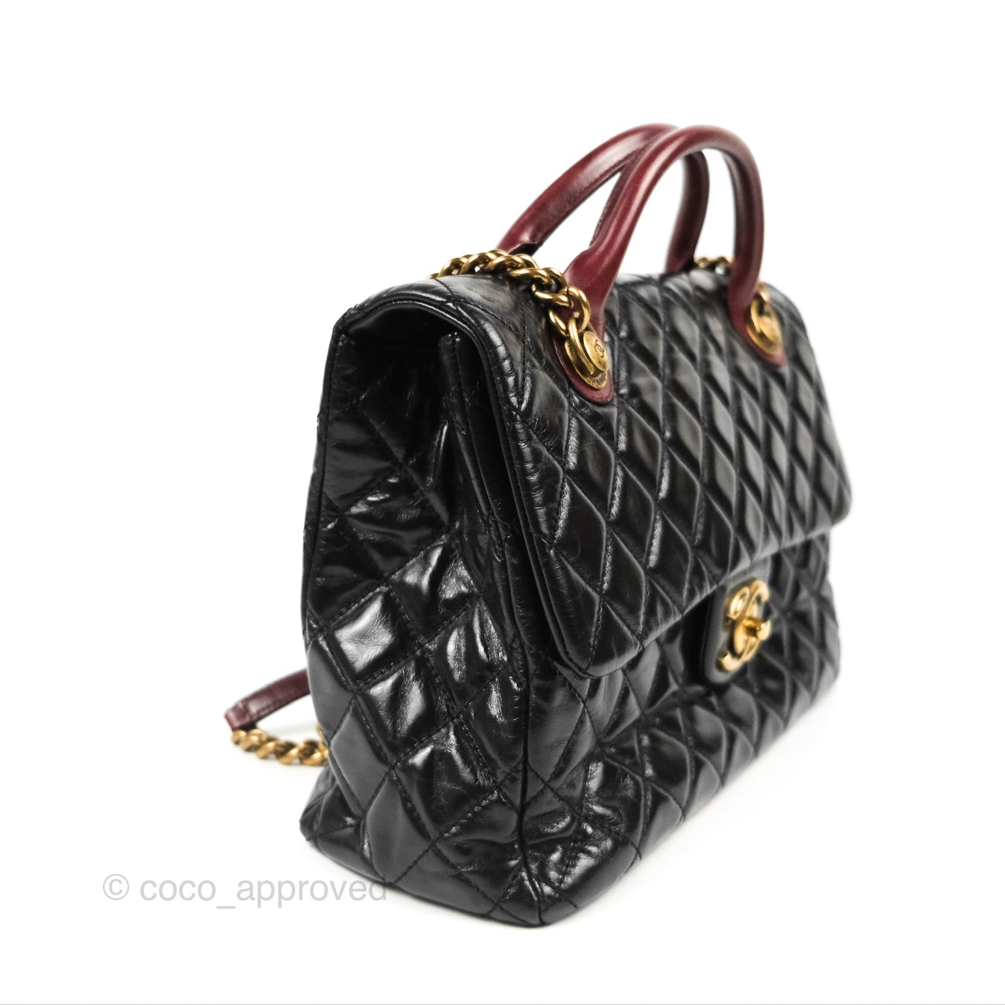 Chanel Large Castle Rock Flap Bag Black Glazed Aged Calfskin Burgundy Handle