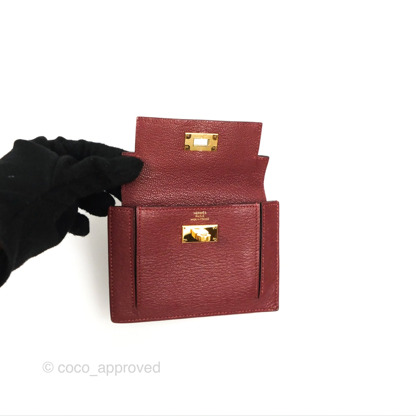 Hermès Kelly Pocket Compact Wallet Chevre Mysore Dark Red Gold Hardware