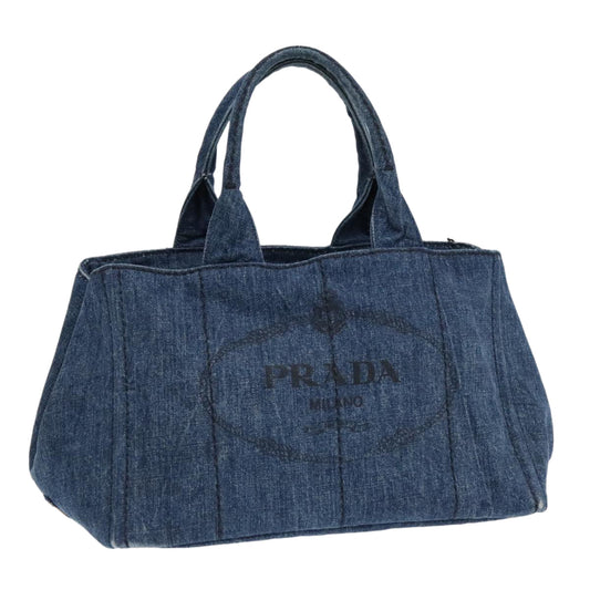 Luxury Prada Canapa MM Hand Bag Denim Navy Gold  93382