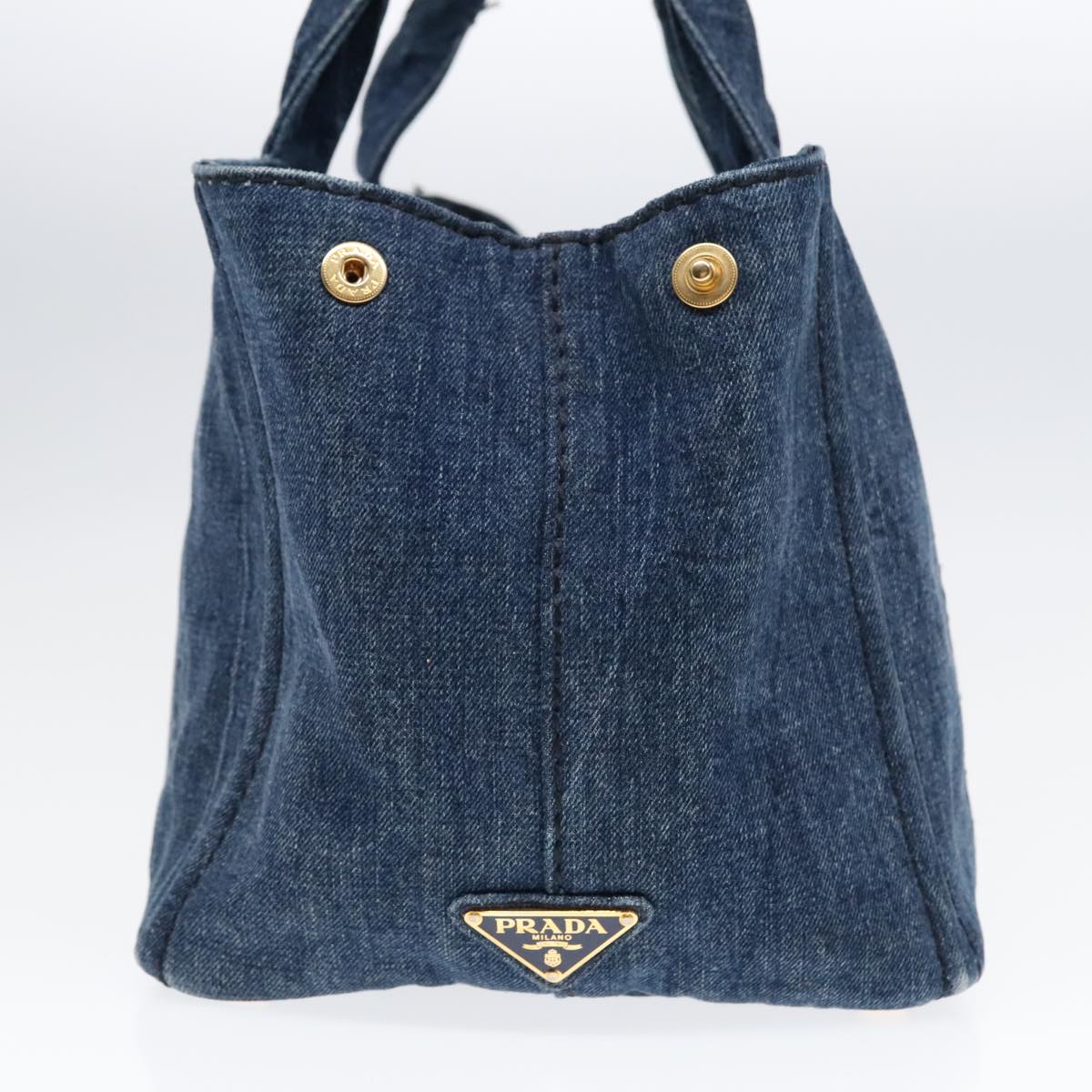 Luxury Prada Canapa MM Hand Bag Denim Navy Gold  93382