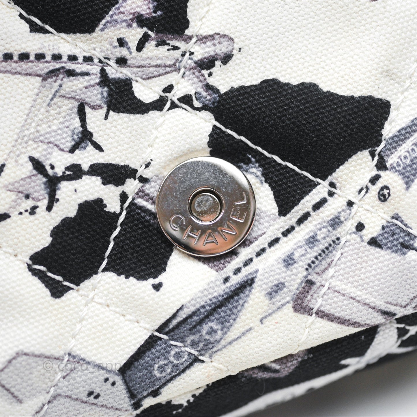 Chanel Quilted Airplane Printed Shoulder Flap Bag Canvas White