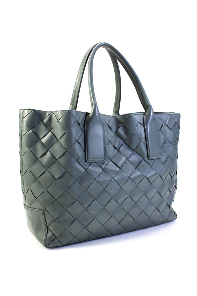Luxury Bottega Veneta Womens Lambskin Large Cabat Tote Handbag Teal Gray
