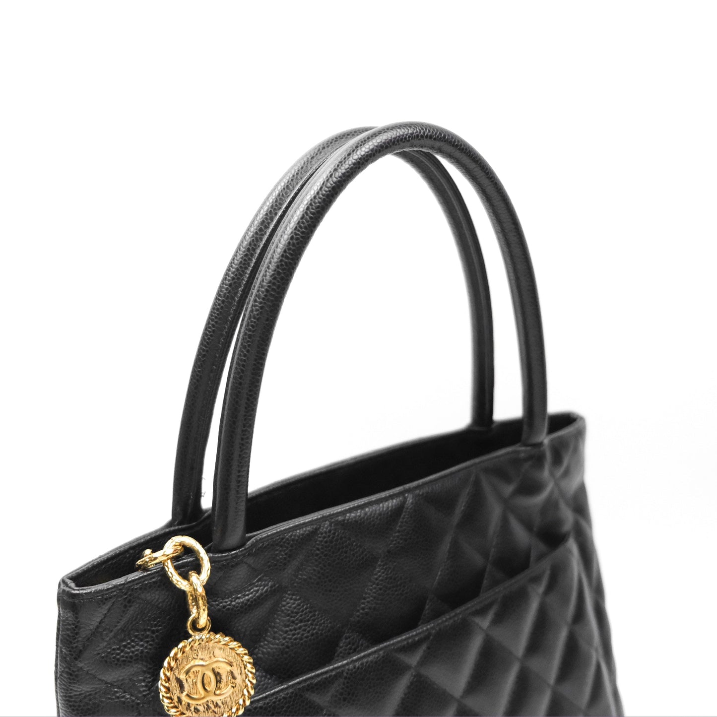 Chanel Vintage Medallion CC Black Caviar Tote Bag Gold Hardware
