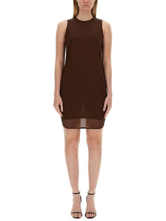 Luxury Saint Laurent Sleeveless Tulle Short Dress Brown