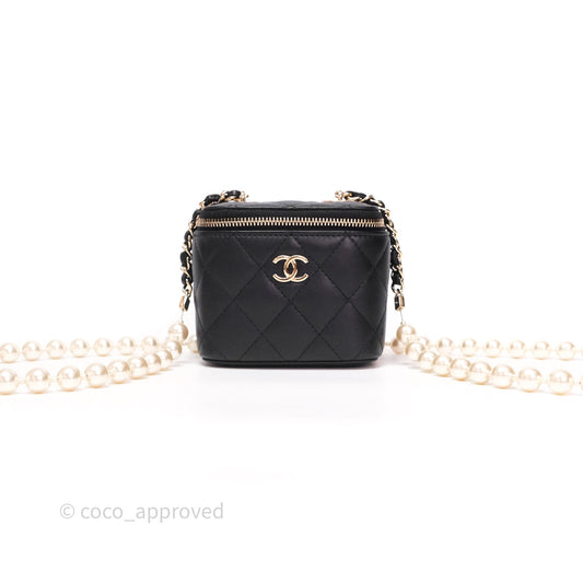 Chanel Mini Vanity With Pearl Chain Black Lambskin Gold Hardware