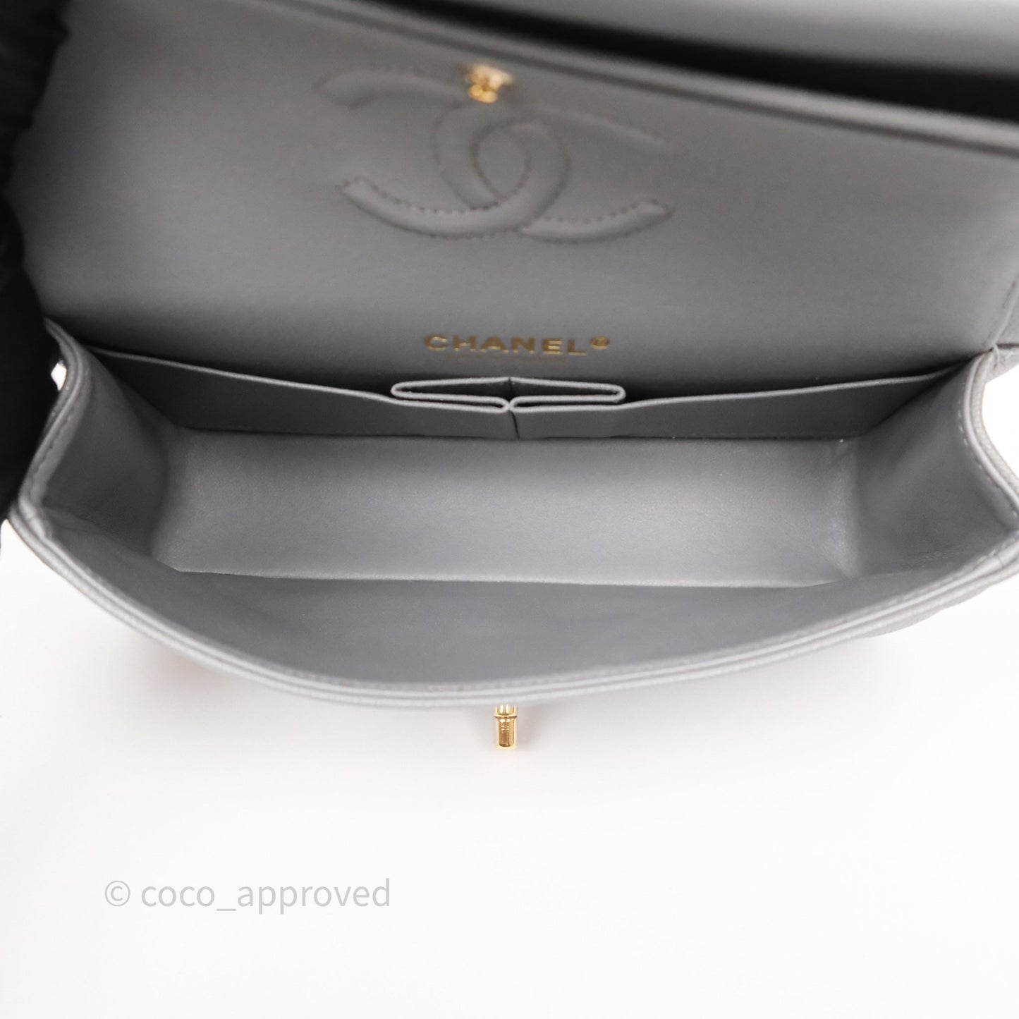 Chanel Small Classic Flap Quilted Grey Caviar Gold Hardware