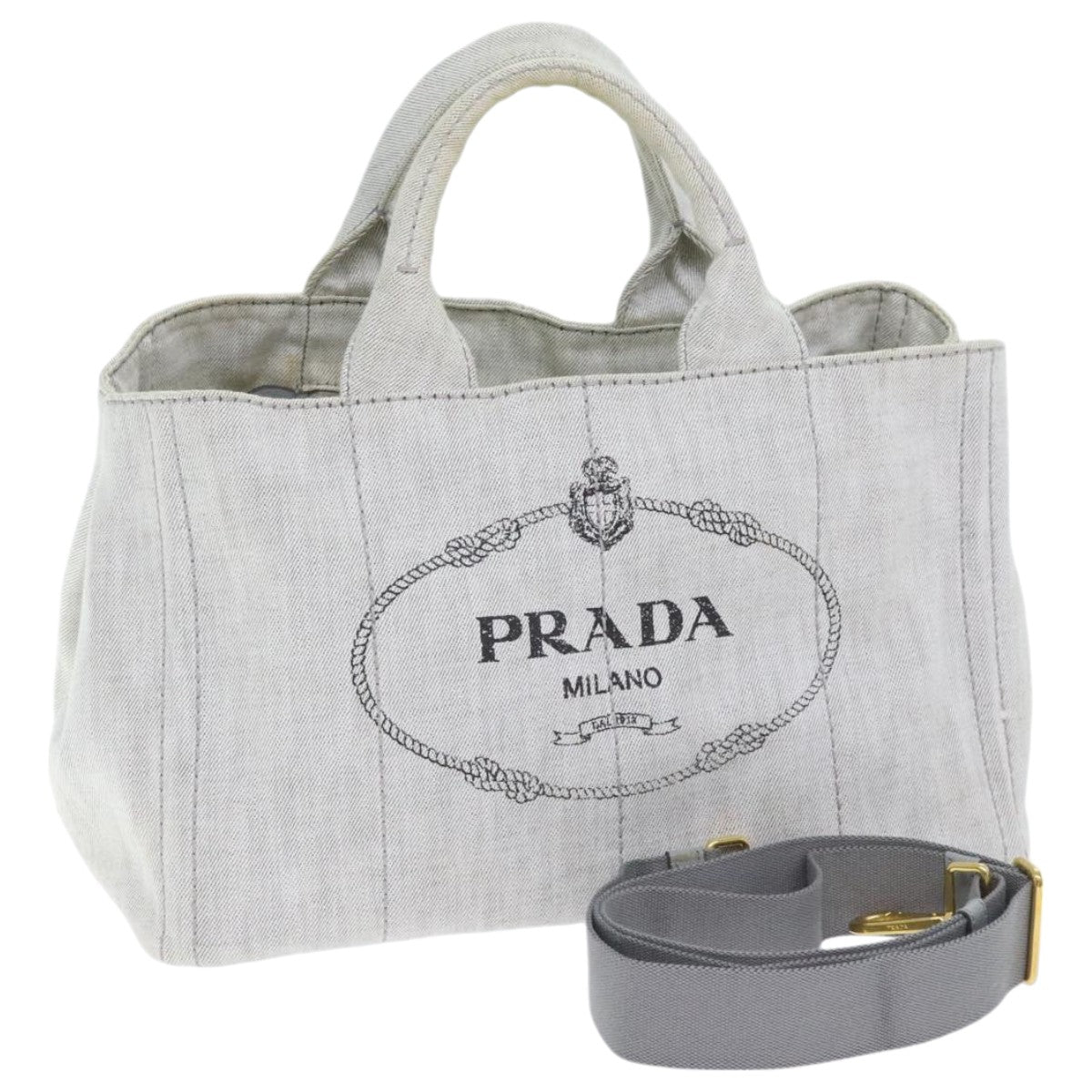 Luxury Prada Canapa MM Hand Bag Canvas 2way Gray Gold  93556