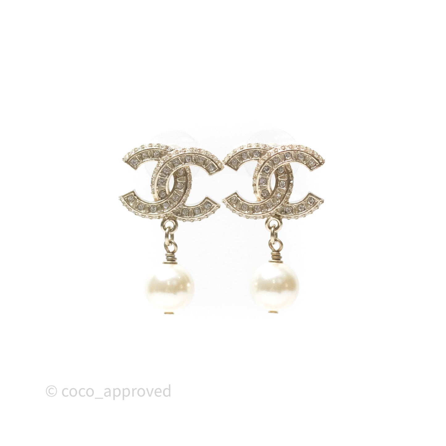 Chanel CC Crystals Pearl Drop Earrings Gold Tone 19V