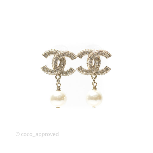 Chanel CC Crystals Pearl Drop Earrings Gold Tone 19V