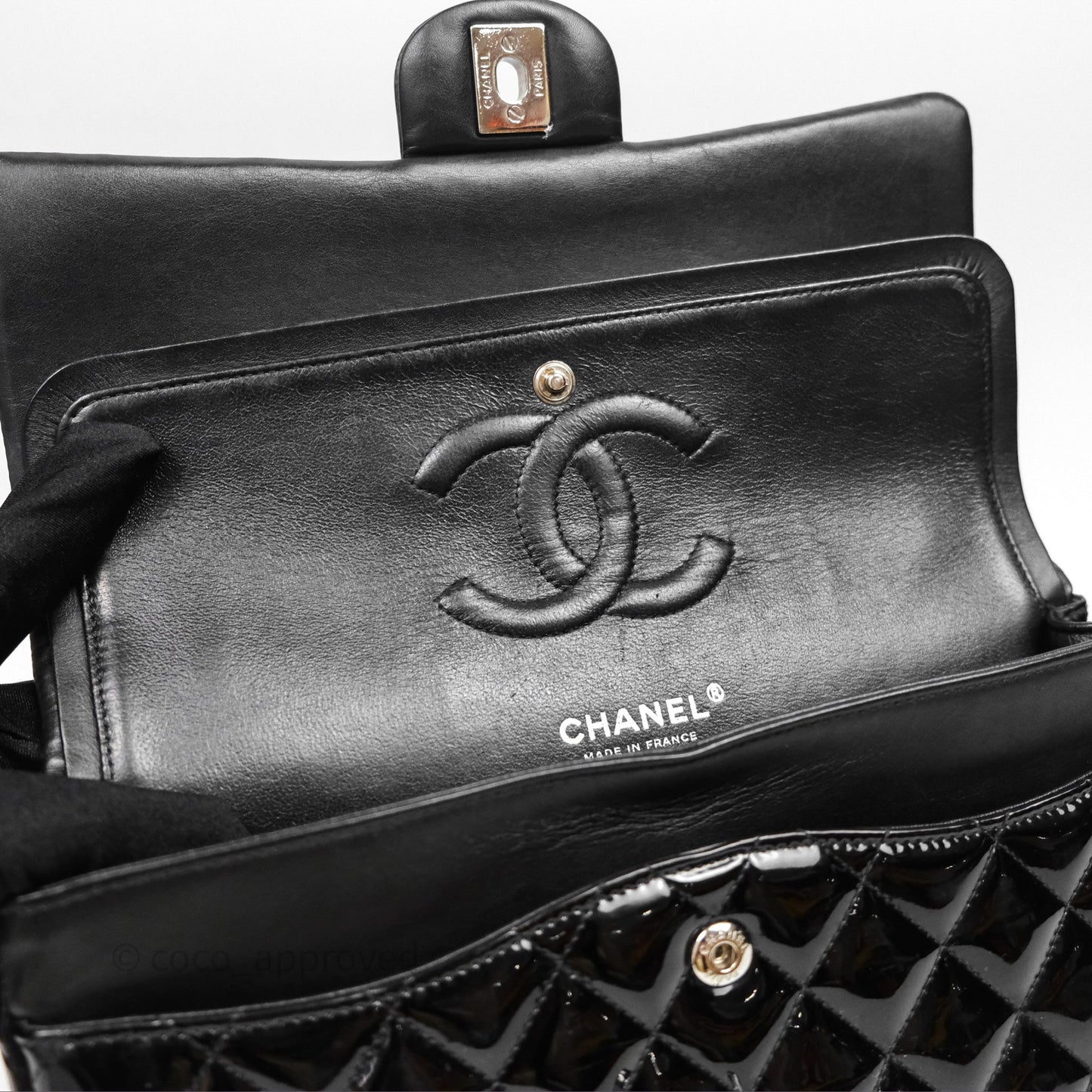 Chanel Classic M/L Medium Flap Quilted Black Patent Silver Hardware