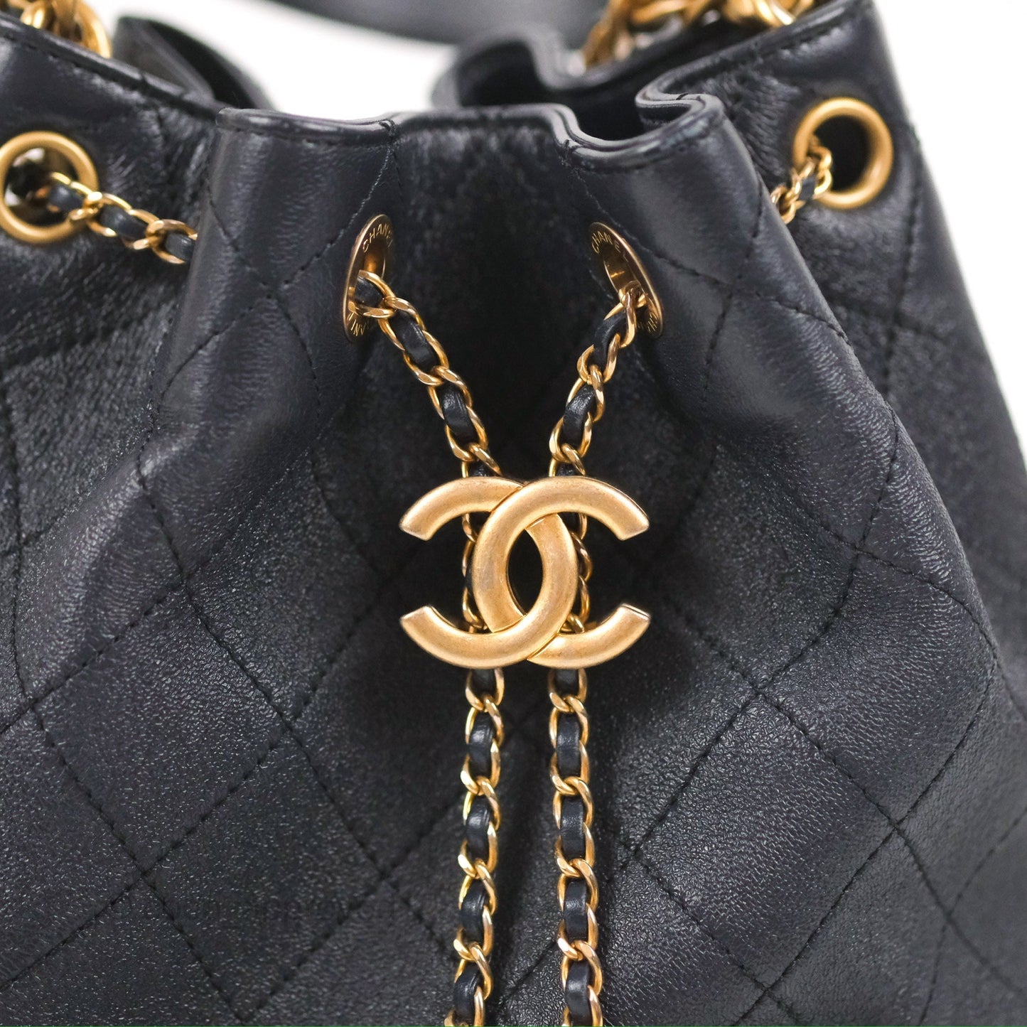 Chanel Quilted Top Handle Drawstring Bucket Bag Iridescent Navy Calfskin Aged Gold Hardware