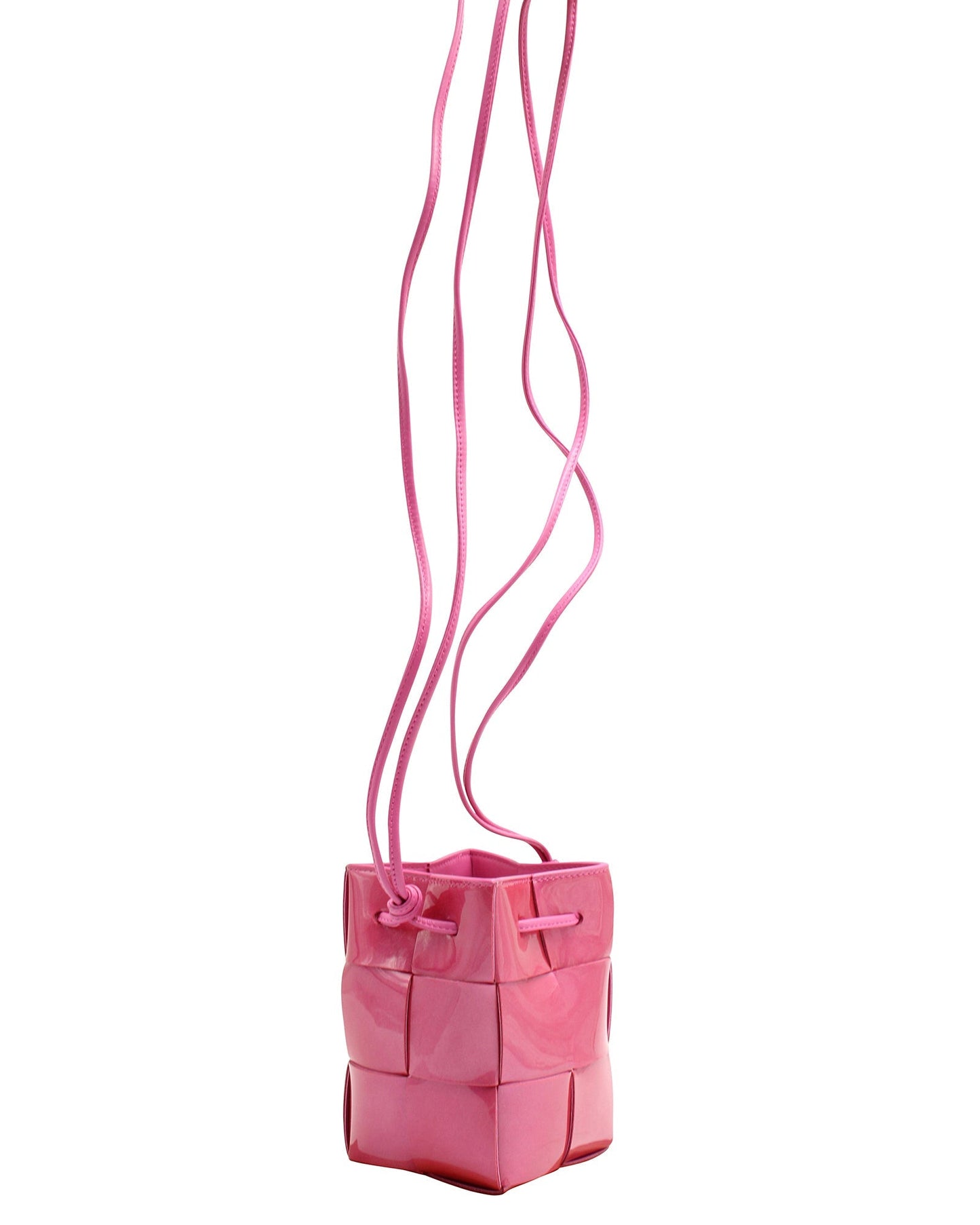 Luxury Bottega Veneta Cassette Mini Intrecciato Crossbody in Pink Patent Leather