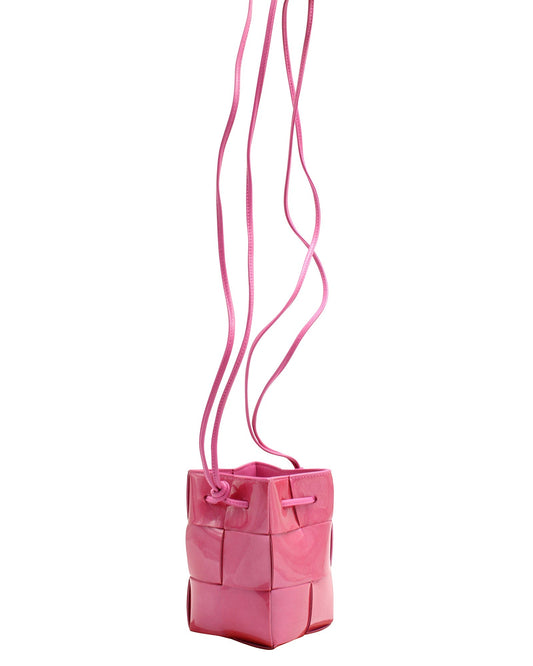 Luxury Bottega Veneta Cassette Mini Intrecciato Crossbody in Pink Patent Leather