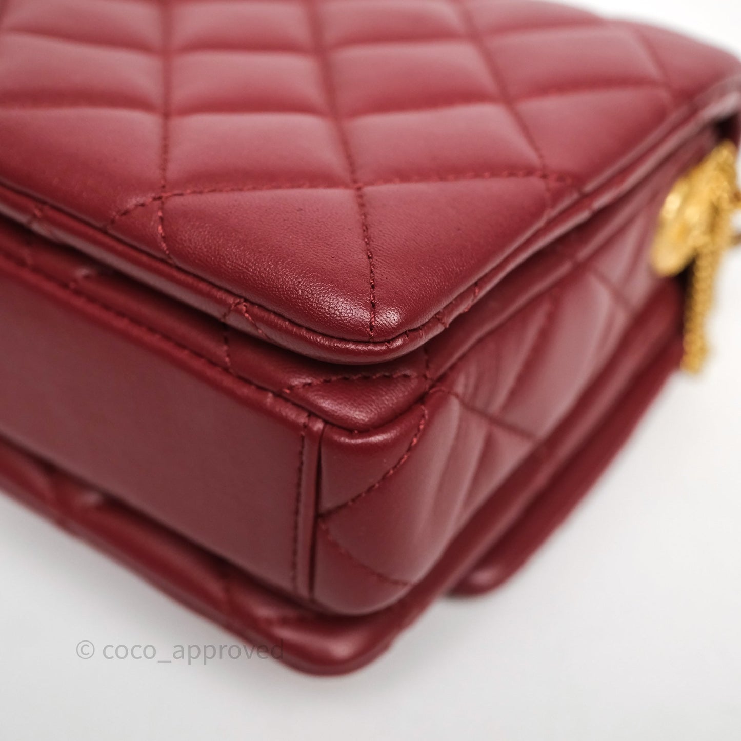 Chanel Quilted Accordion Flap Bag with Button on Chain Burgundy Lambskin Aged Gold Hardware 22A