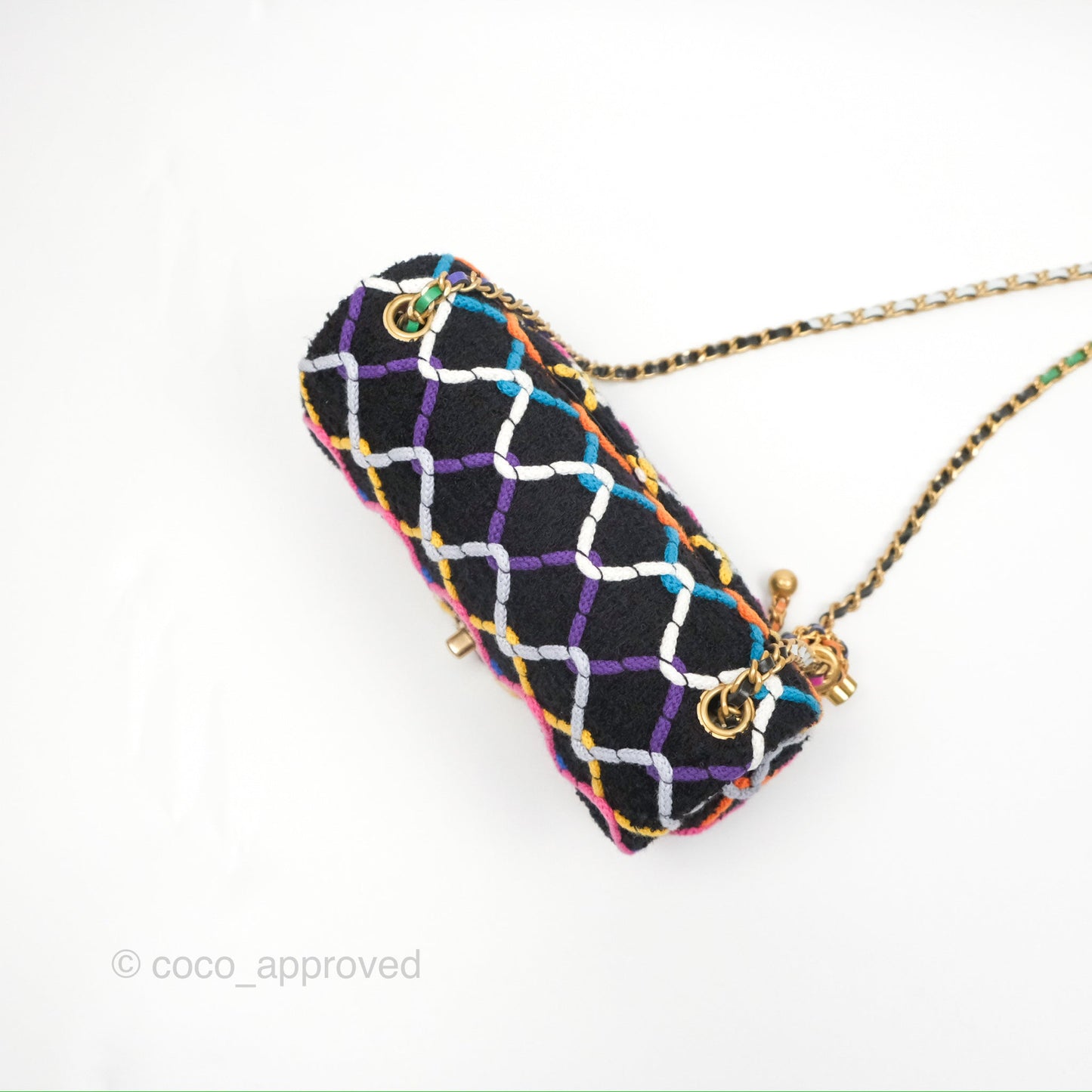 Chanel Mini Rectangular Pearl Crush Quilted Multicolor Tweed Aged Gold Hardware 22S