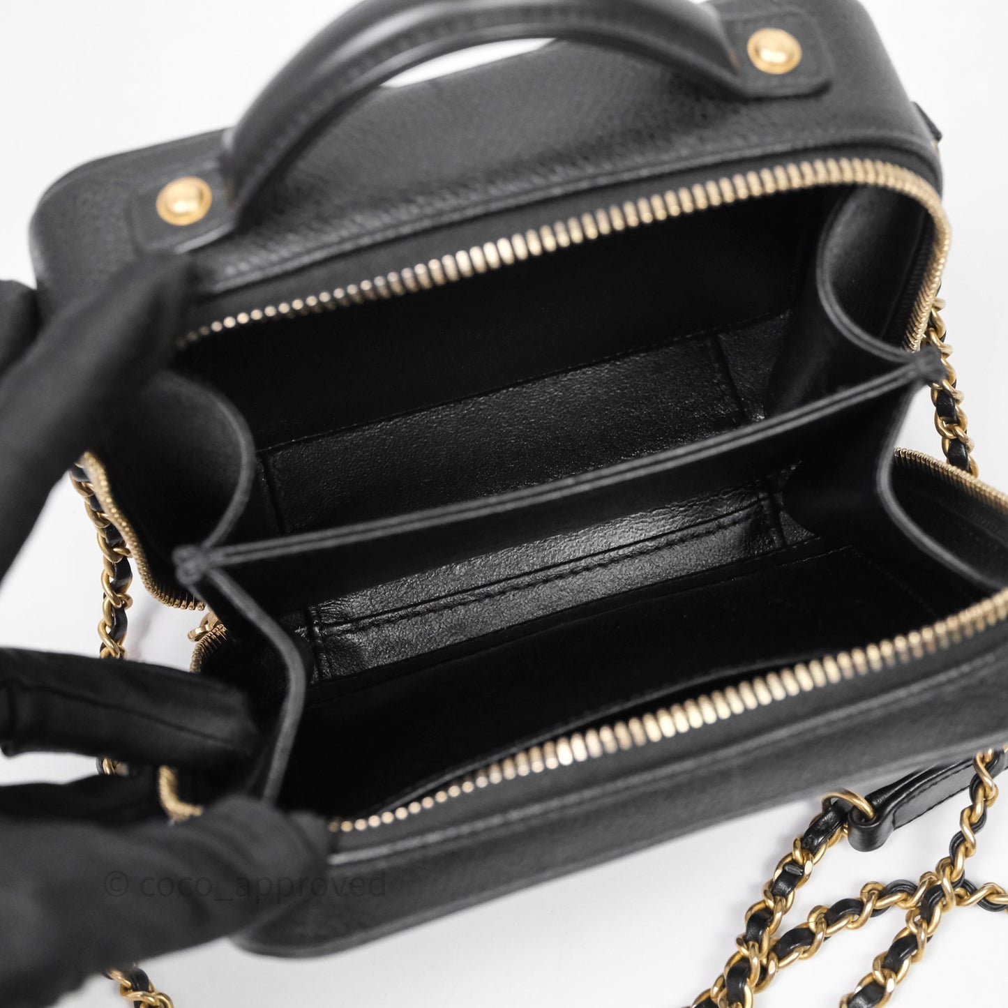 Chanel Quilted Small CC Filigree Vanity Case Black Caviar Aged Gold Hardware