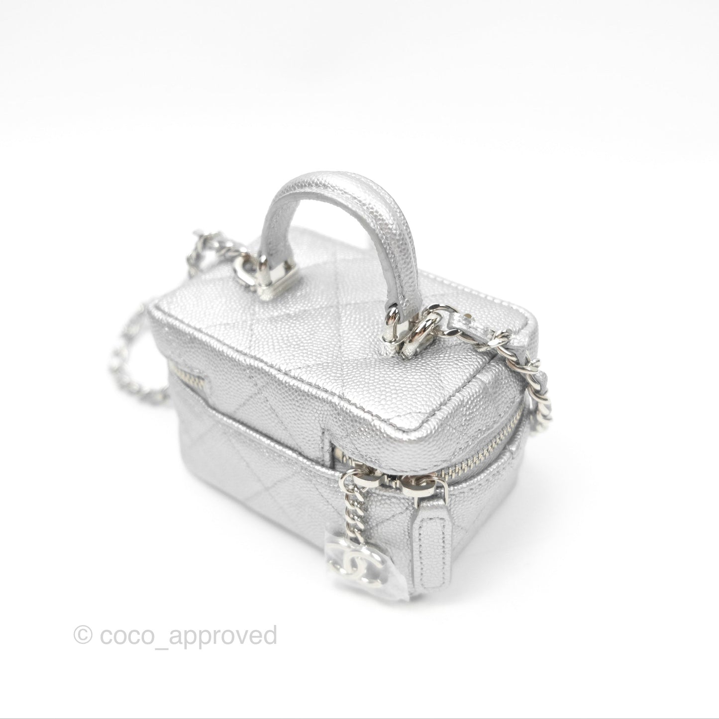 Chanel Quilted Mini Top Handle Vanity With Chain Metallic Silver Caviar Silver Hardware