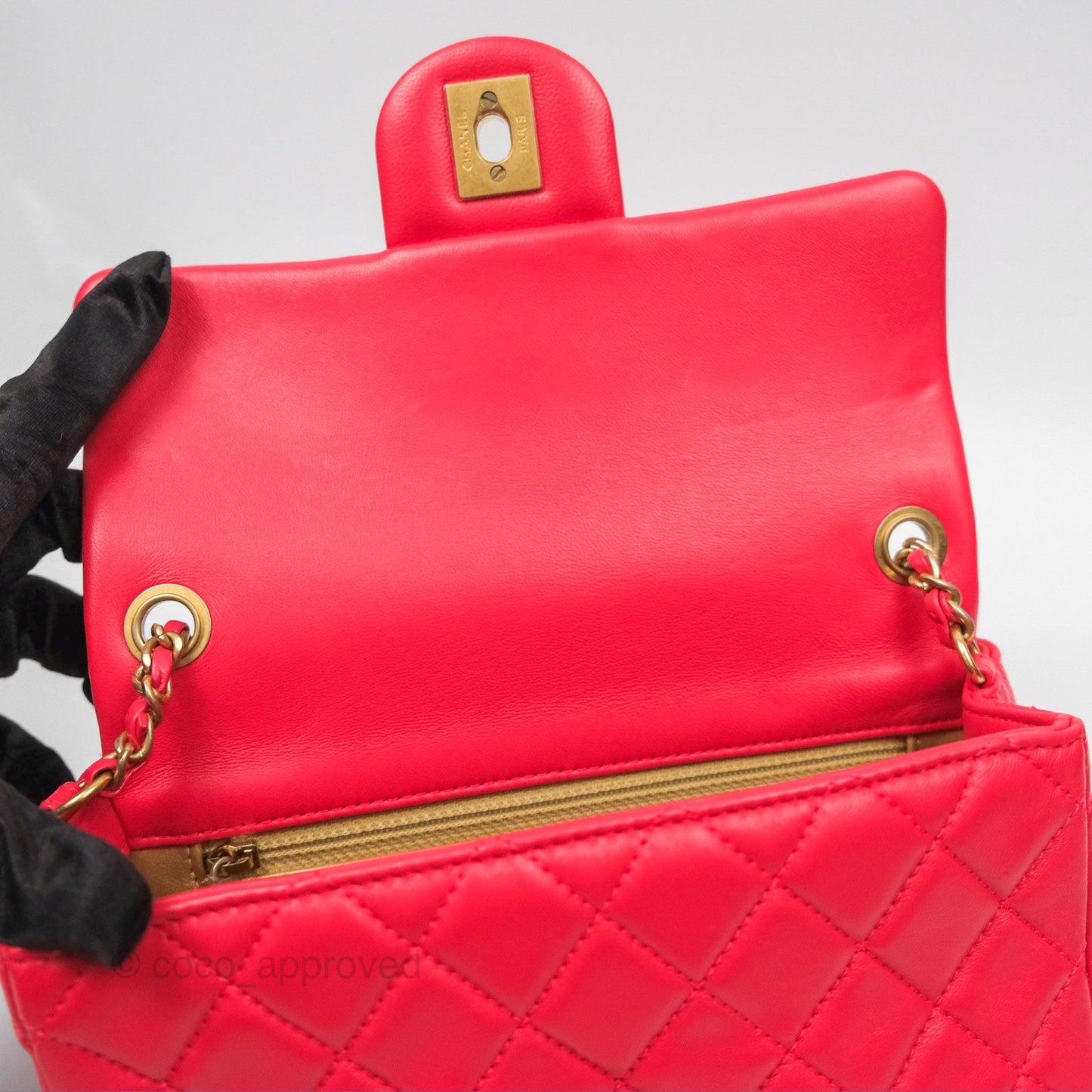 Chanel Mini Rectangular Pearl Crush Chilli Red Lambskin Aged Gold Hardware