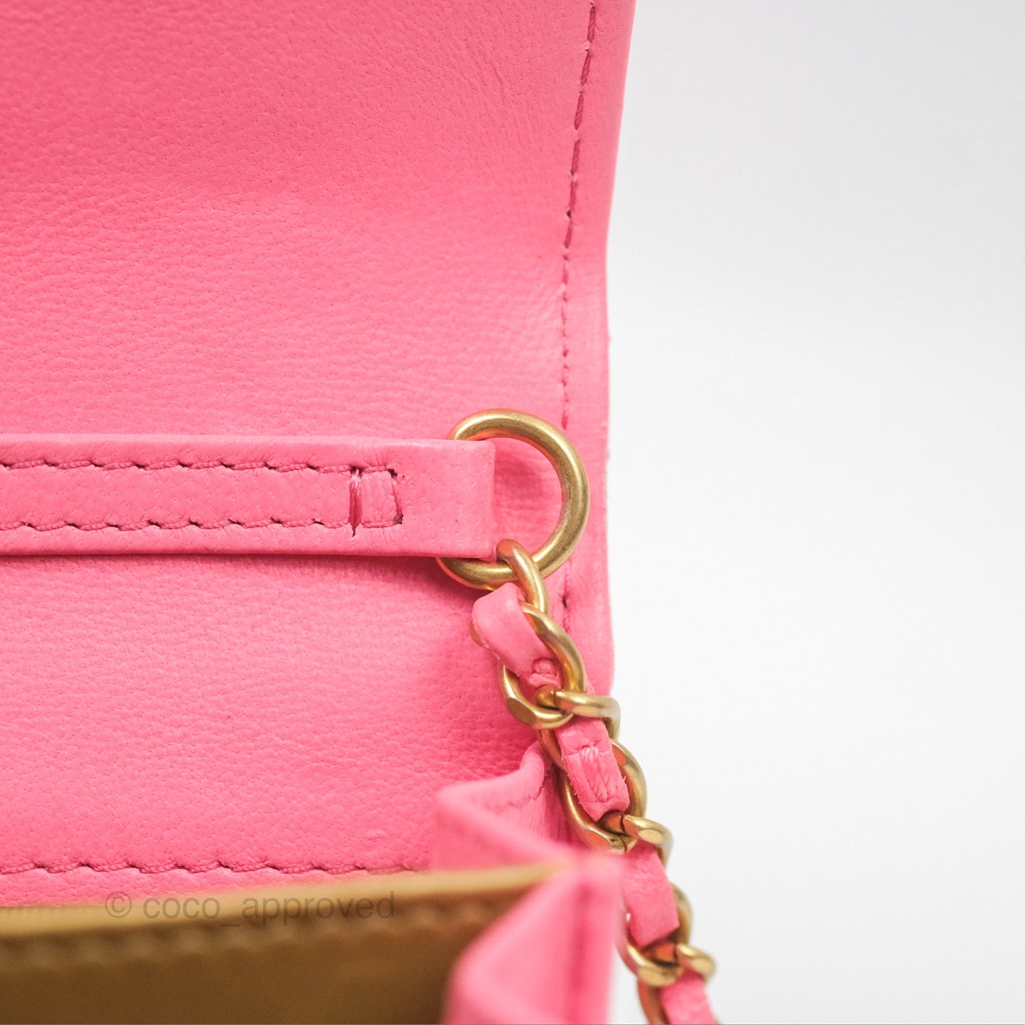 Chanel Pearl Crush Mini Clutch With Chain Pink Lambskin Aged Gold Hardware