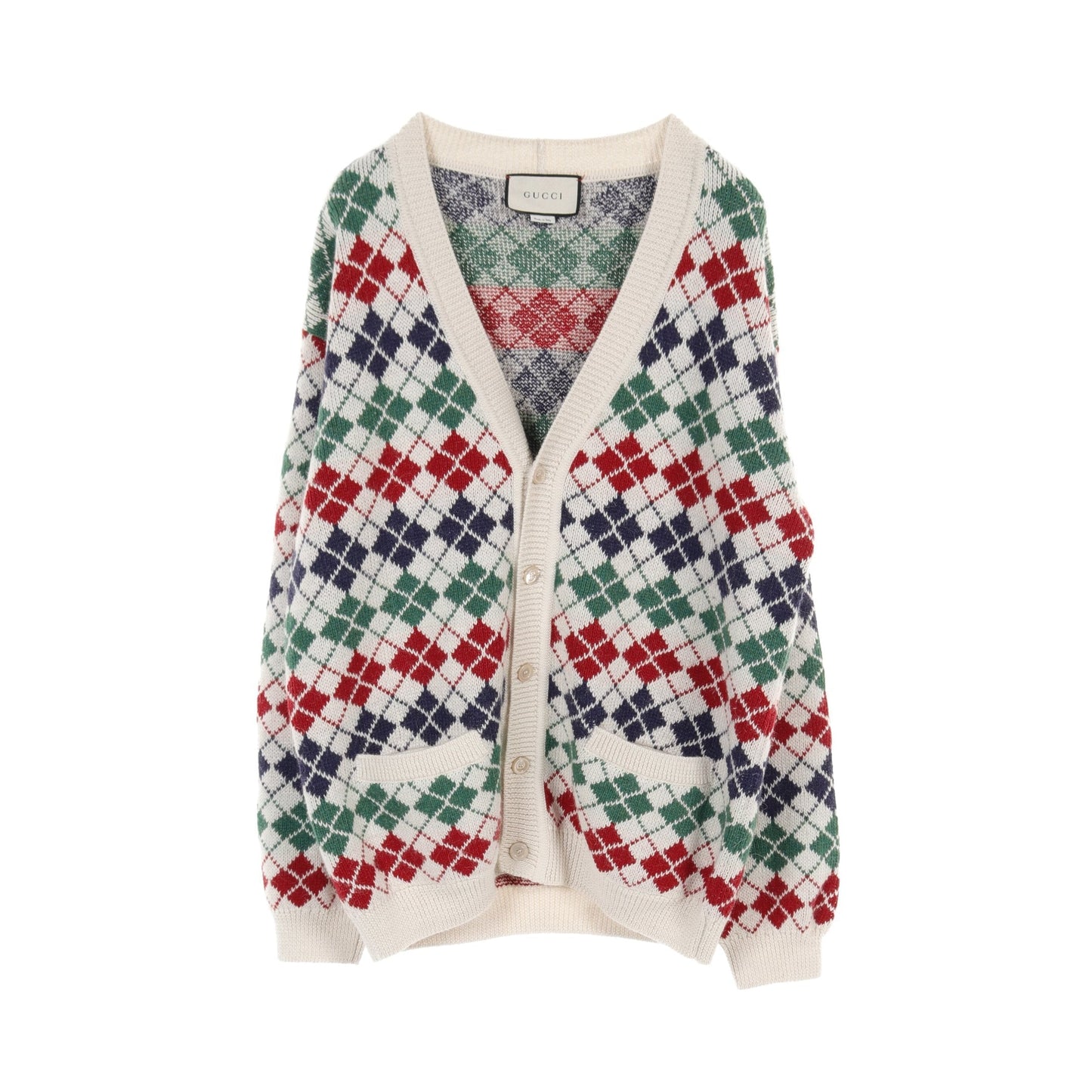 Luxury Gucci Trending 2025 Cardigan V-neck Argyle Alpaca Wool Ivory Multicolor