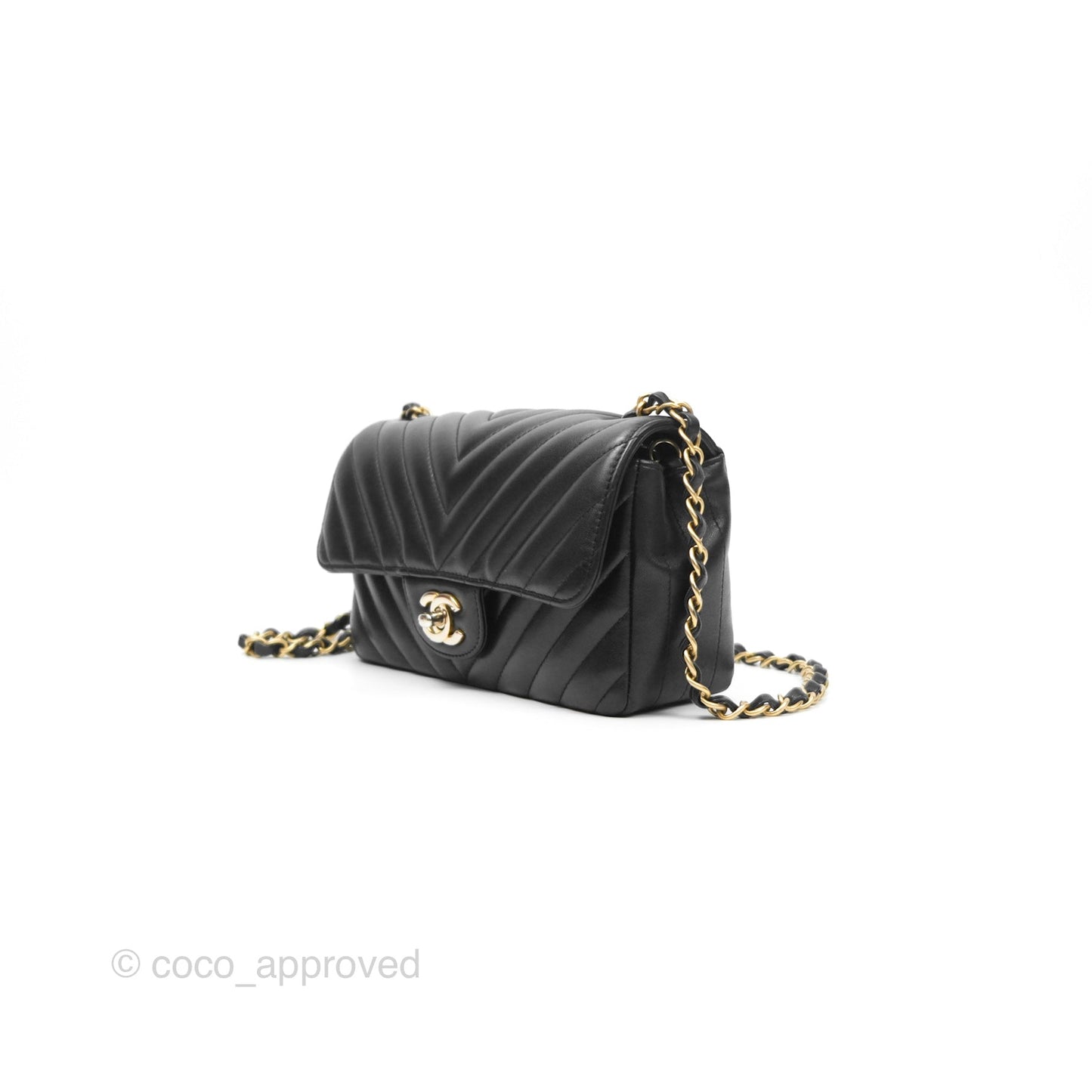 Chanel Chevron Mini Rectangular Black Lambskin Aged Gold Hardware