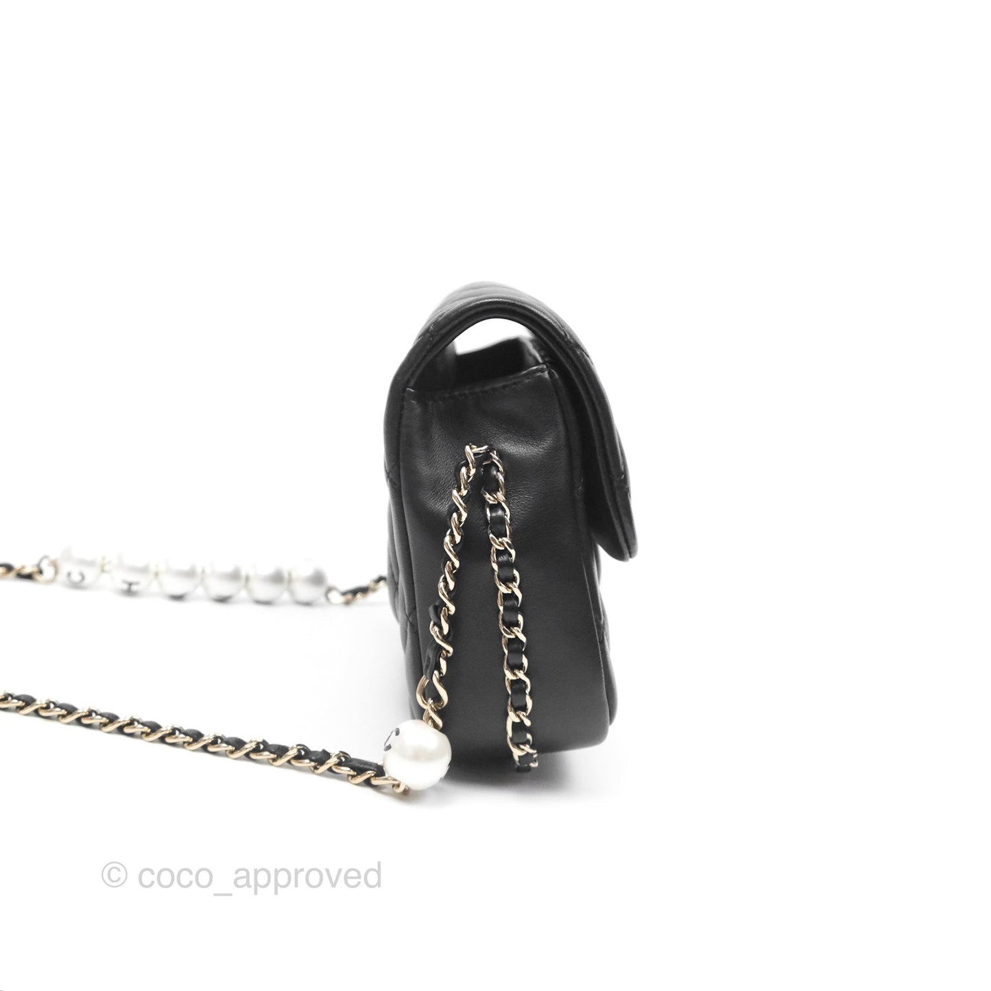 Chanel Logo Pearl Chain Flap Bag Black Lambskin Gold Hardware