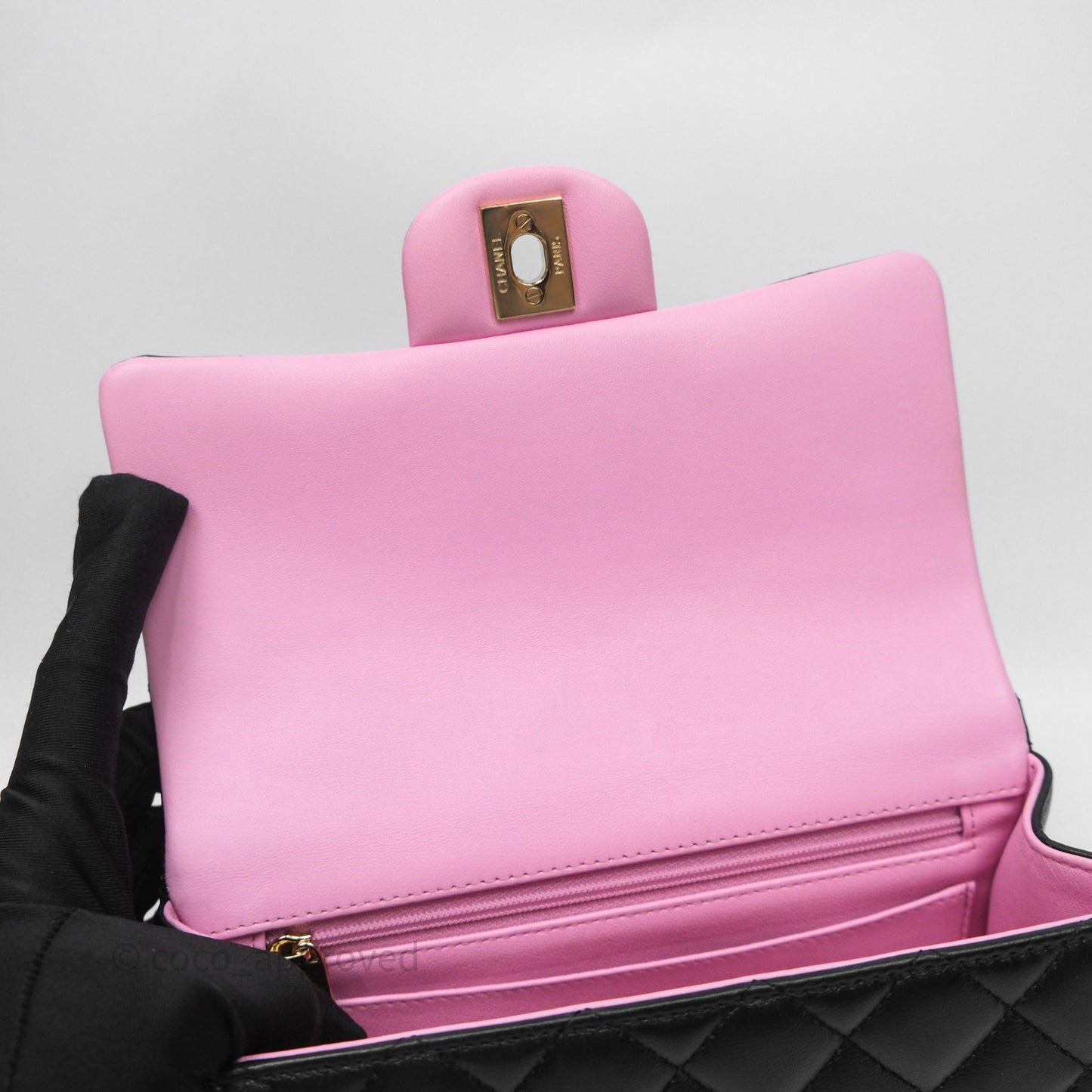 Chanel Top Handle Mini Rectangular Flap Black/Pink Lambskin Gold Hardware 23P
