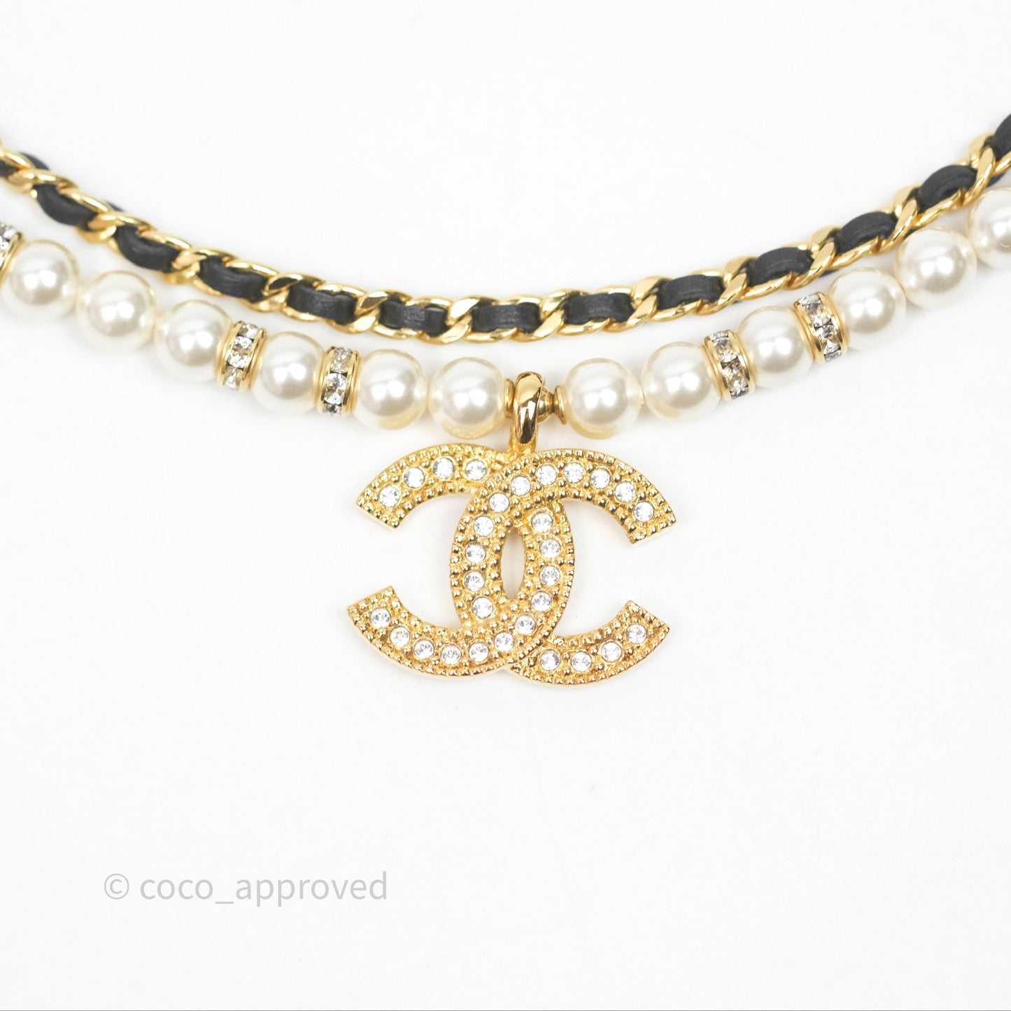 Chanel CC Pearl Crystals Double Necklace Gold Tone 24K