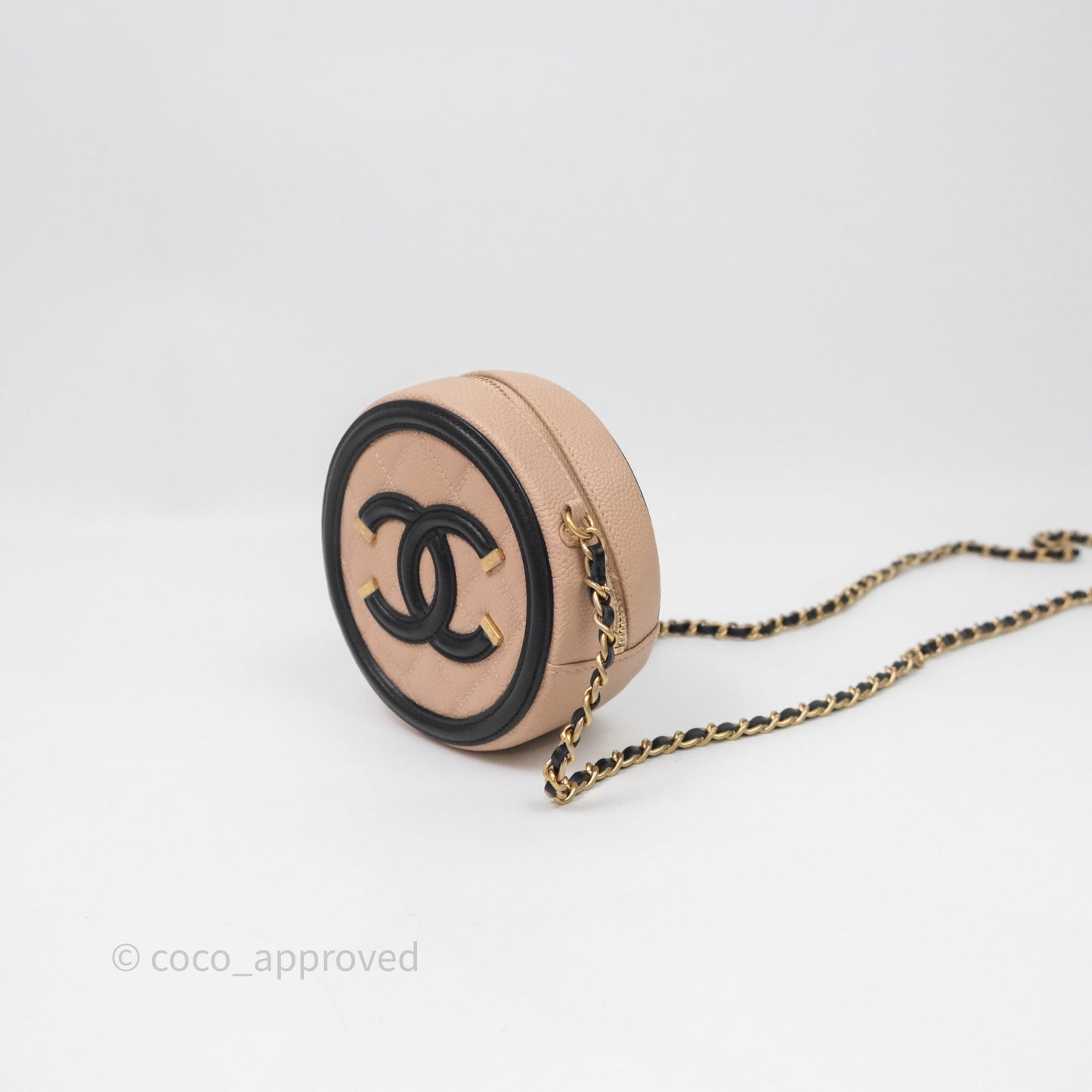 Chanel Quilted Round Filigree Clutch With Chain Beige/ Black Caviar Aged Gold Hardware