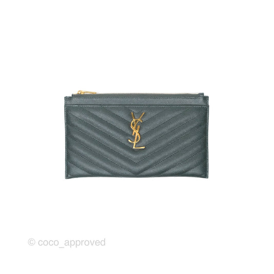 Saint Laurent Cassandre Matelasse Zipped Pouch Dark Green Gold Hardware