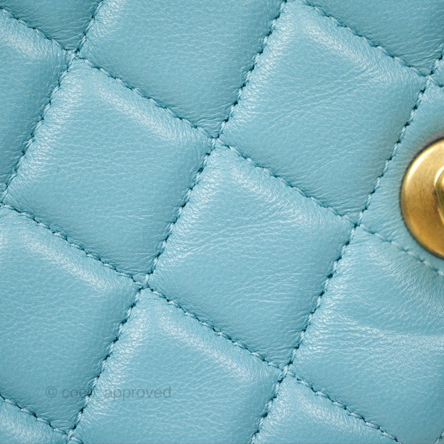 Chanel Flap Bag with Crystal Logo Top Handle Tiffany Blue Lambskin Aged Gold Hardware