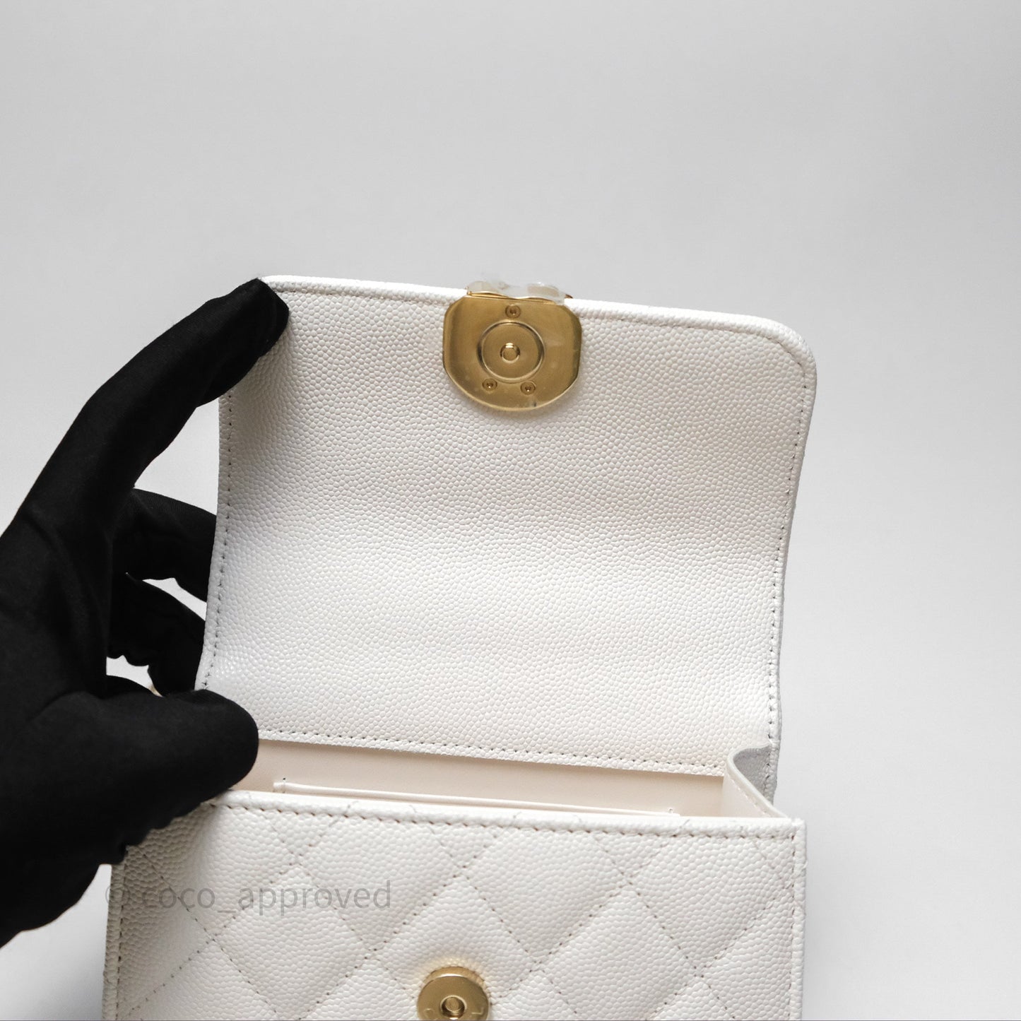Chanel Small Top Handle Clutch with Chain White Caviar Light Gold Hardware 23P