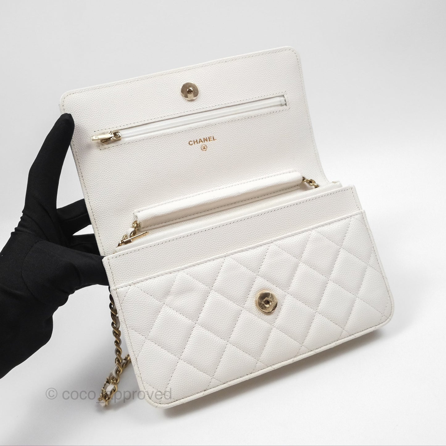 Chanel Quilted Classic Wallet on Chain WOC White Caviar Gold Hardware