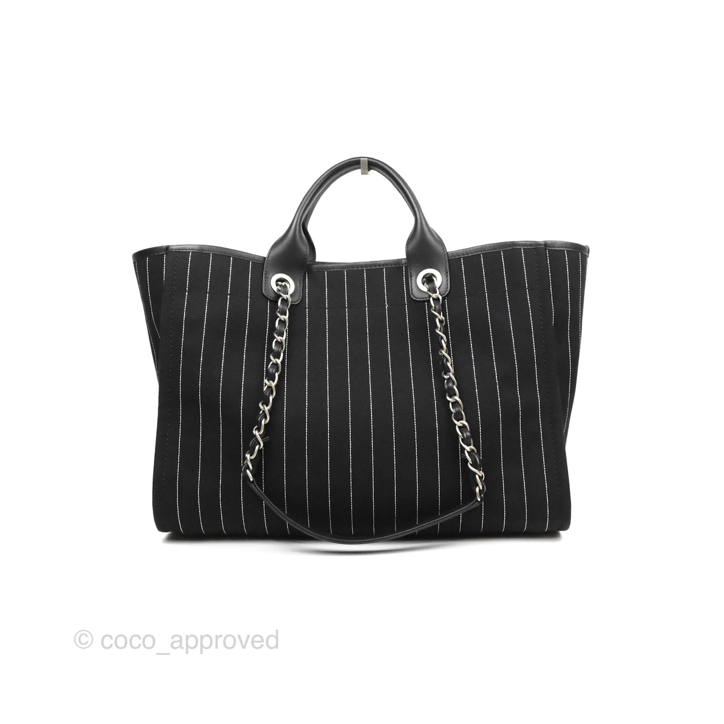 Chanel Large Deauville Black White Striped Canvas Aged Silver Hardware 23S