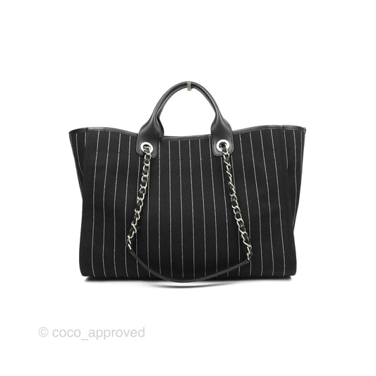 Chanel Large Deauville Black White Striped Canvas Aged Silver Hardware 23S