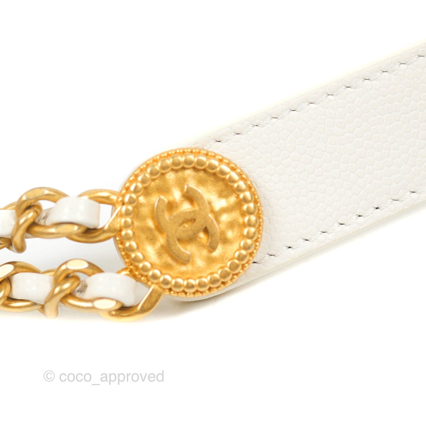 Chanel Mini Flap with Coin Charm White Caviar Aged Gold Hardware 22A