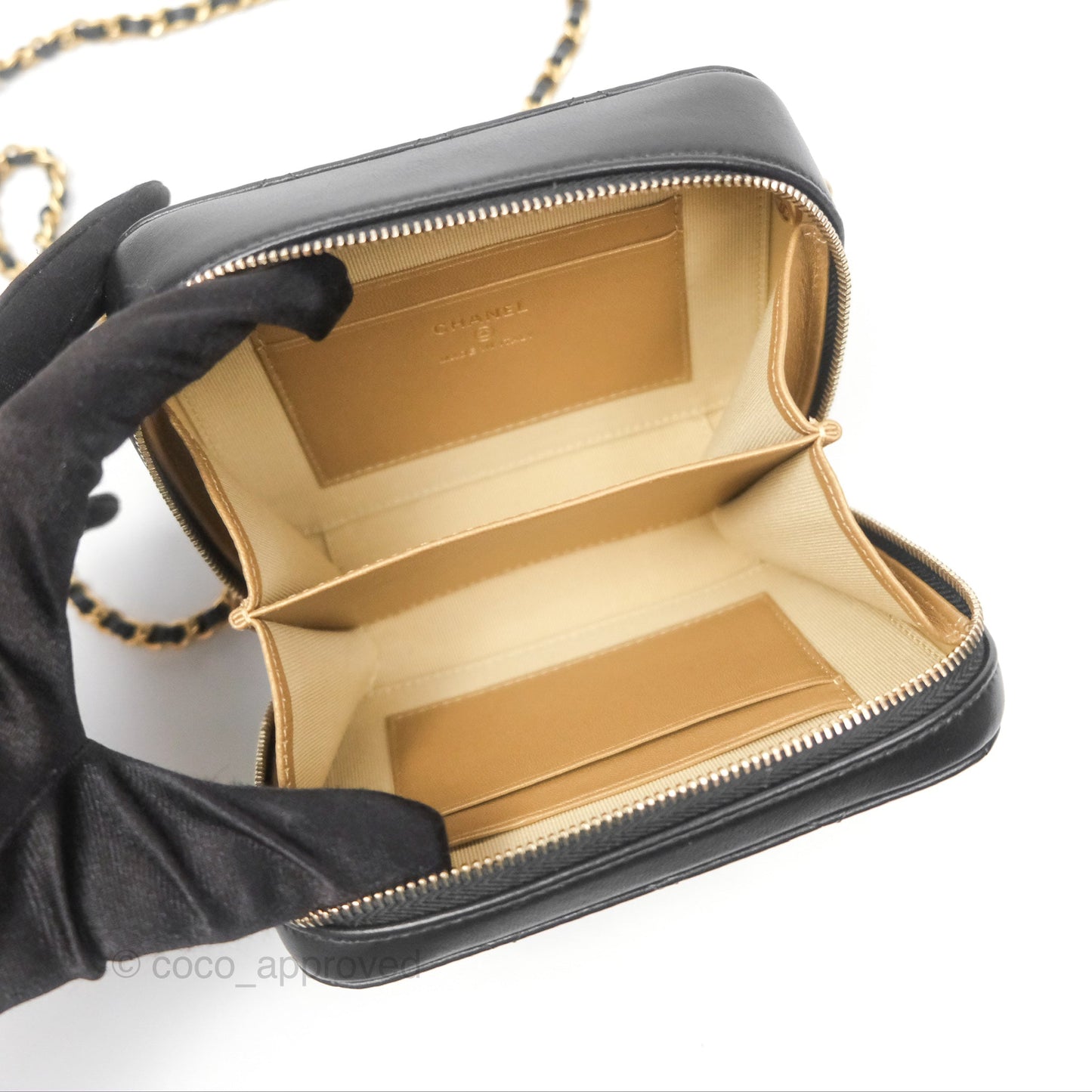Chanel Pearl Crush Mini Camera Case Quilted Black Lambskin Aged Gold Hardware