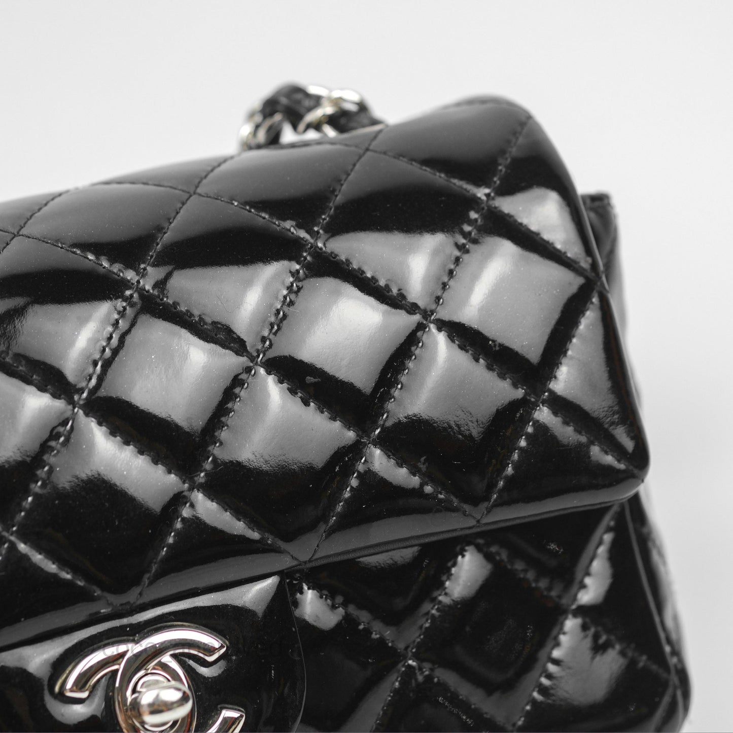 Chanel Quilted Mini Rectangular Flap Black Patent Silver Hardware
